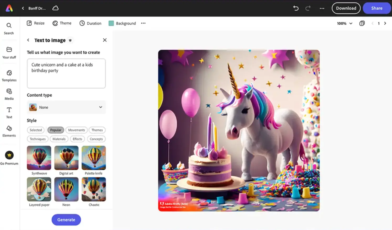 Adobe Express' Firefly feature for video generation.
