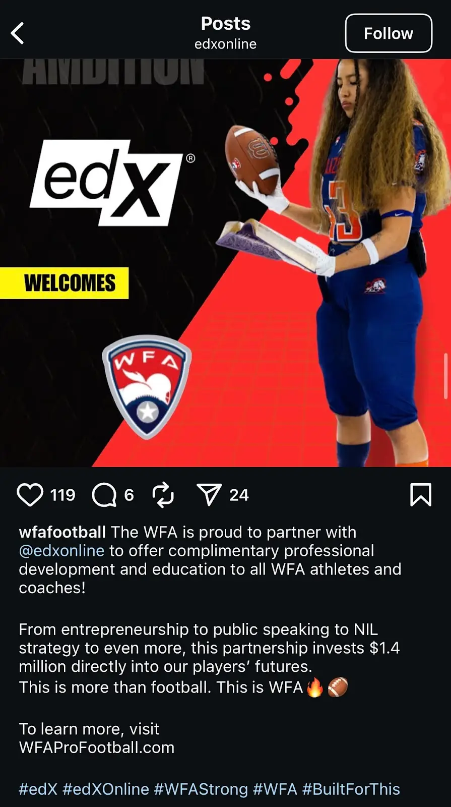 Screenshot of an Instagram post from EdX’s official handle showcasing the usage of hashtags. 