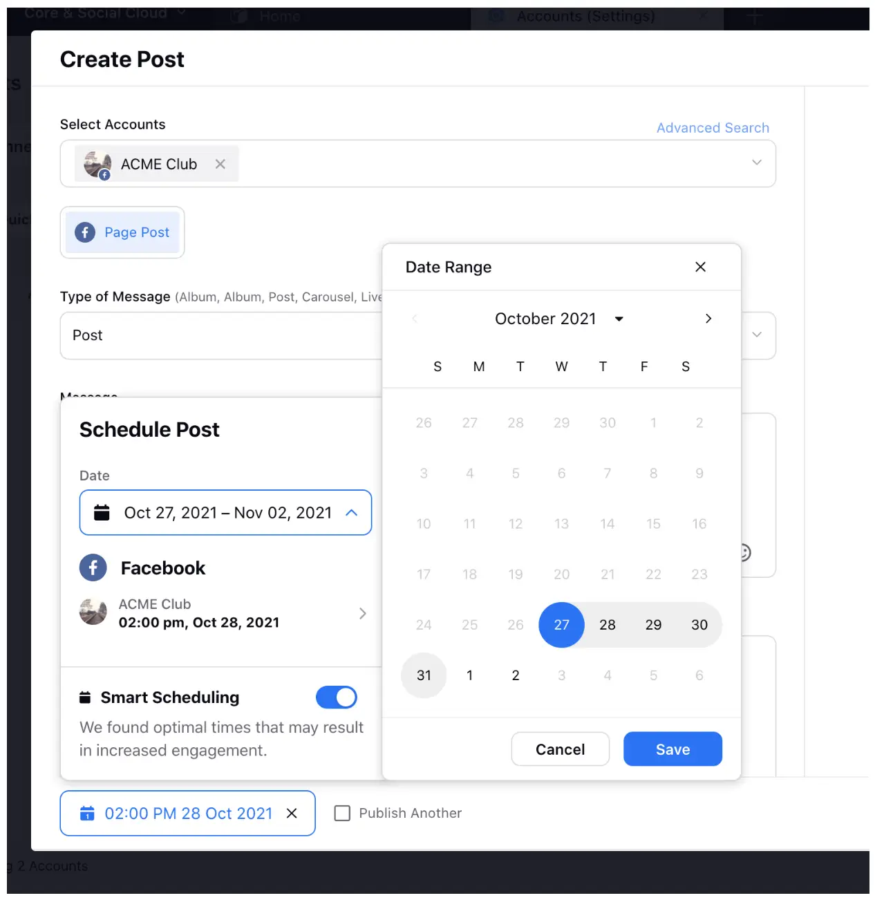 Smart Scheduling decides what time of the day you should schedule your post to receive maximum engagement for that post.