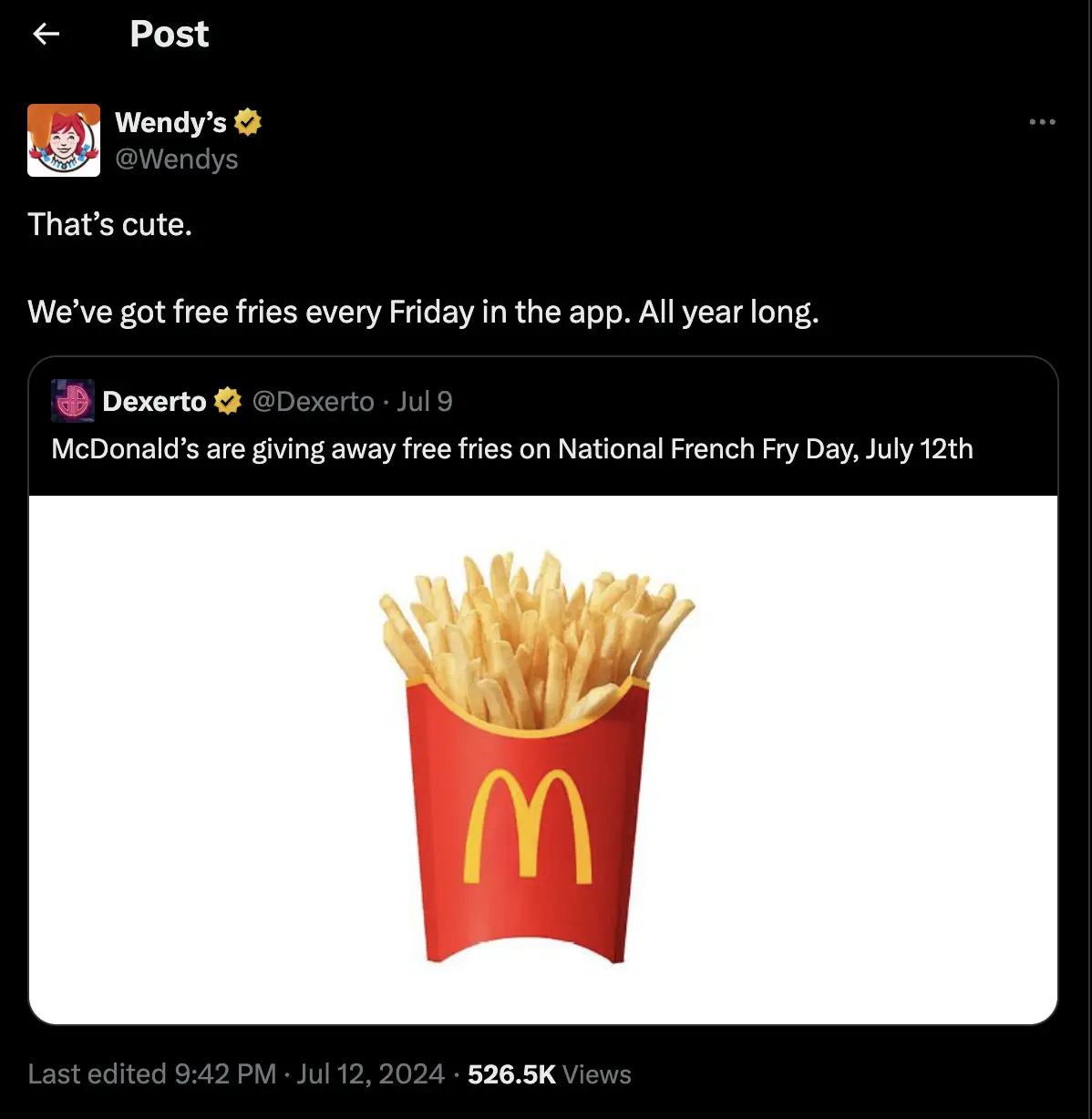 Wendy’s X account replying to a user’s post about its rival McDonald’s. 