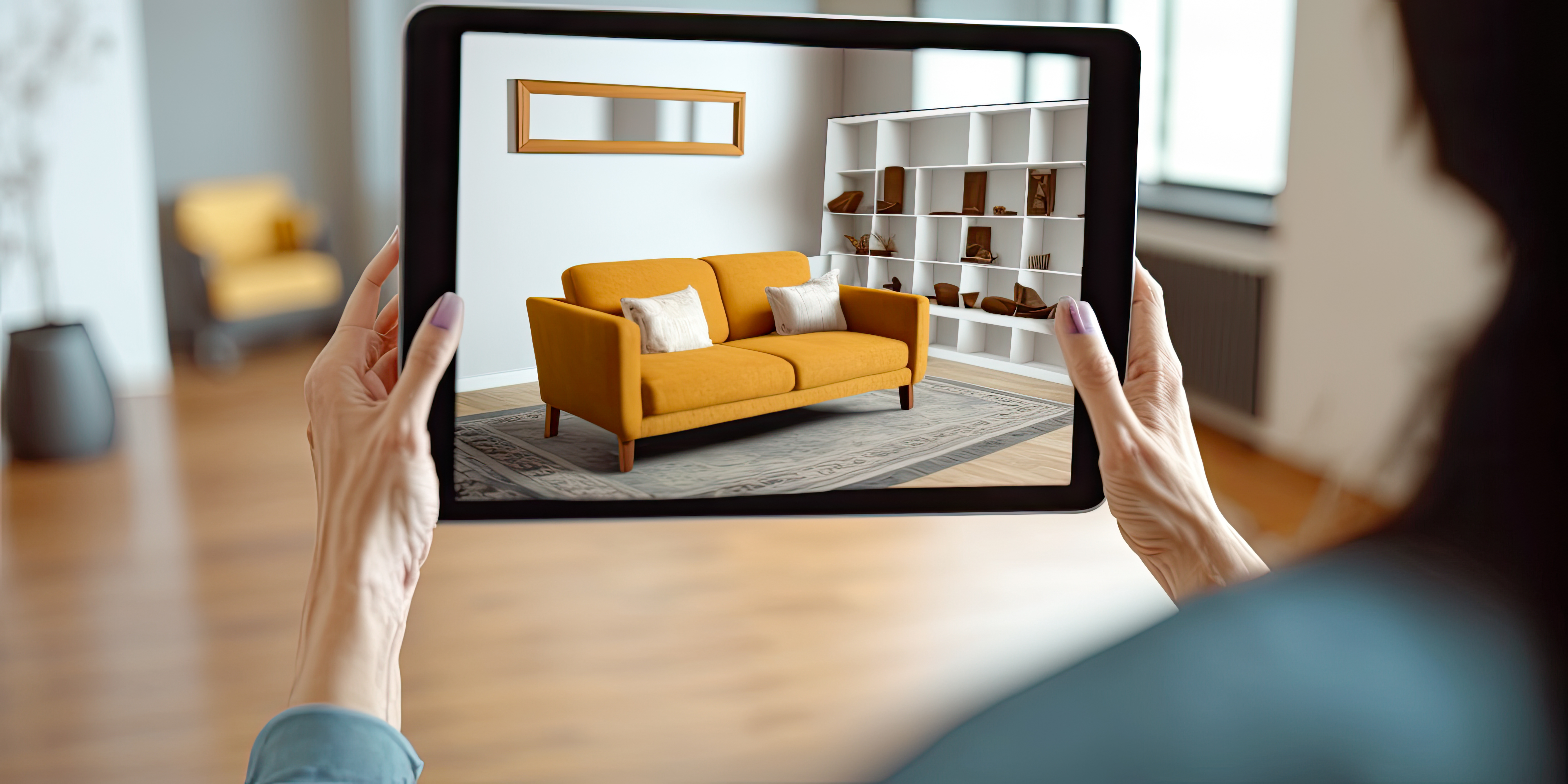 A user using augmented reality to visualise how a sofa looks and fits in their home.