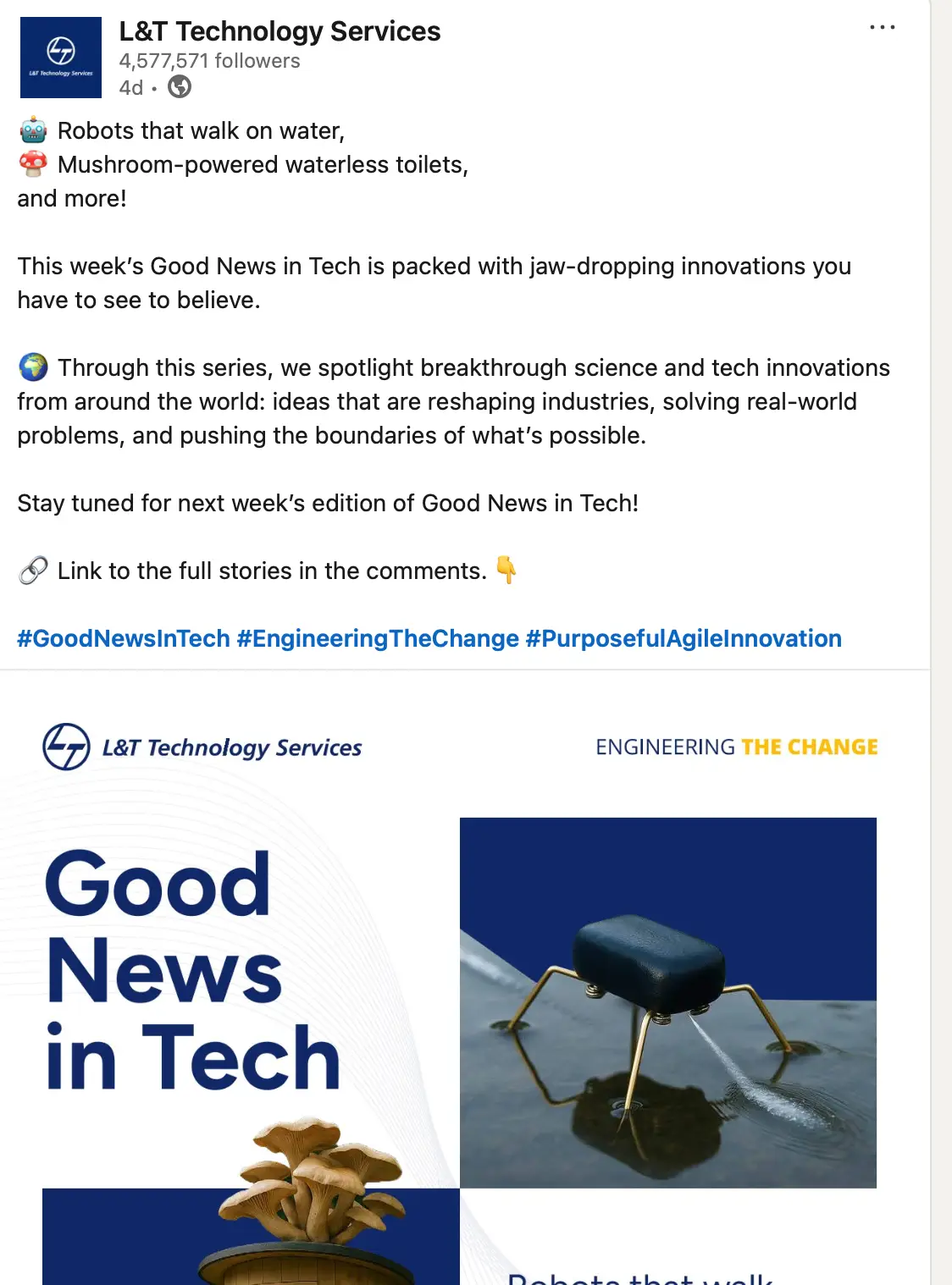 A post from L&T Technology on good news in tech.