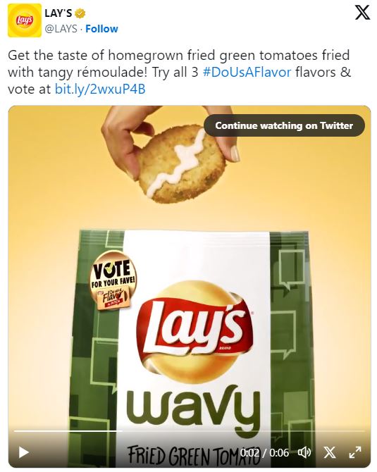 A Lay's social media post with the popular #DoUsAFlavor hashtag.