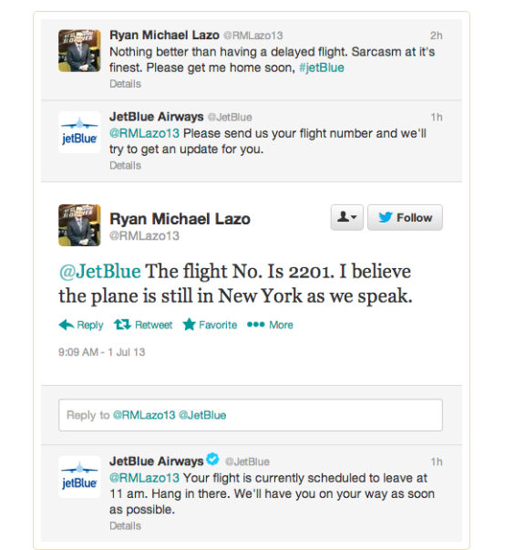 JetBlue comforting a frustrated customer on social media.