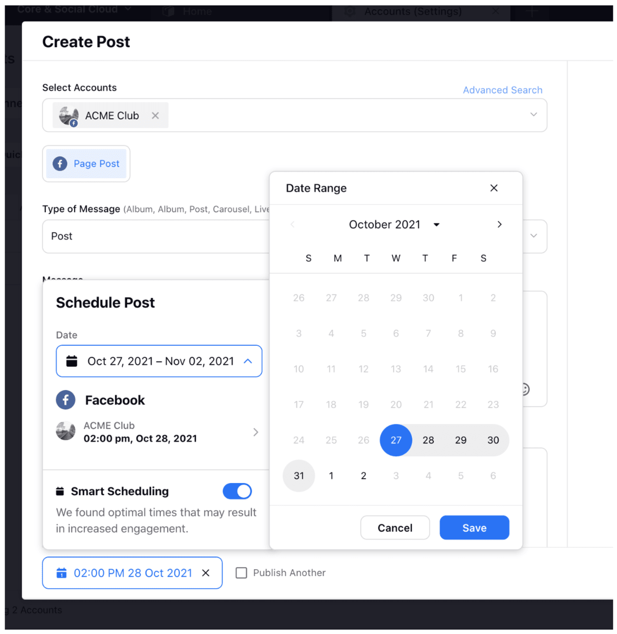 Sprinklr post scheduling on Facebook with account, message type and smart scheduling for optimal publishing time