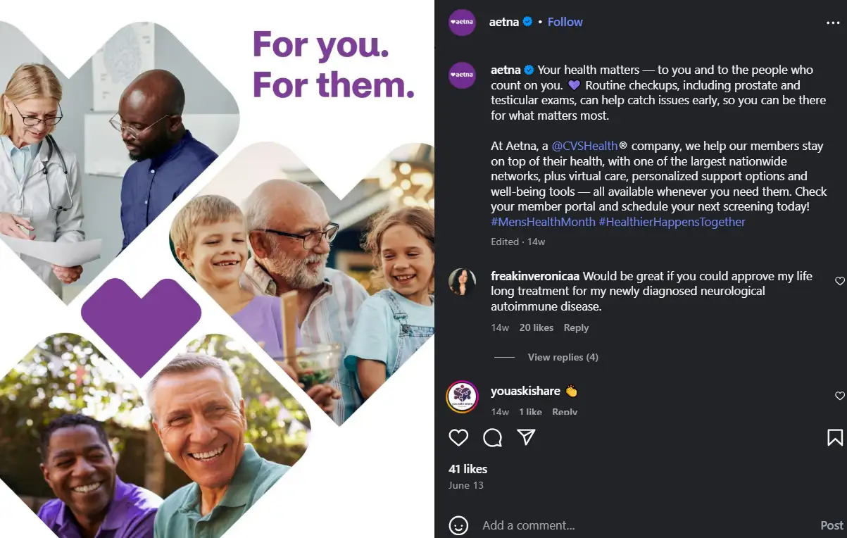 Instagram post from Aetna about their personalized insurance plans.