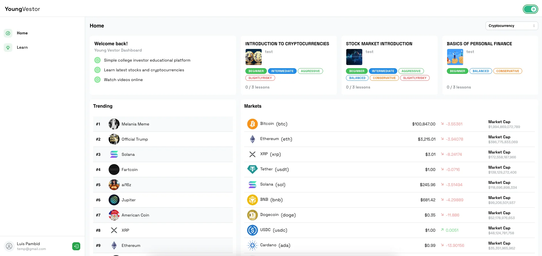 Young Vestor: College Investor Educational Platform — Web Development project by YenkoDev