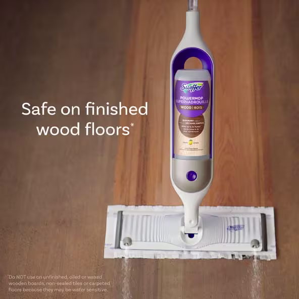 Swiffer PowerMop for wood floors, featuring Quick Dry technology, safely cleans finished wooden surfaces
