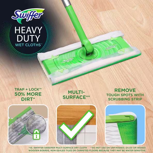 Swiffer Heavy Duty Wet Cloths on a wooden floor, designed for trapping dirt and cleaning multiple surfaces effectively