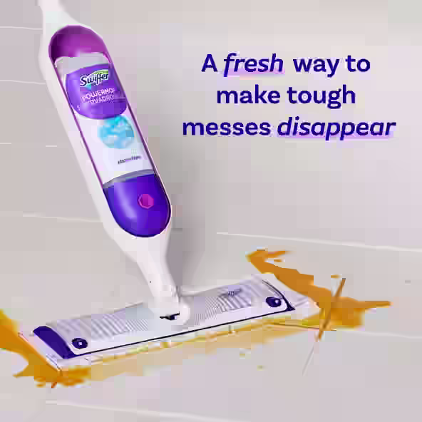 Swiffer Power Mop cleaning up an orange spill on tile, promoting a fresh way to tackle tough messes