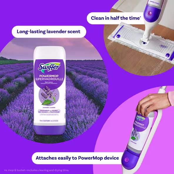 Swiffer Power Mop with lavender scent promotes easier cleaning, attaching easily to the mop device for efficient use