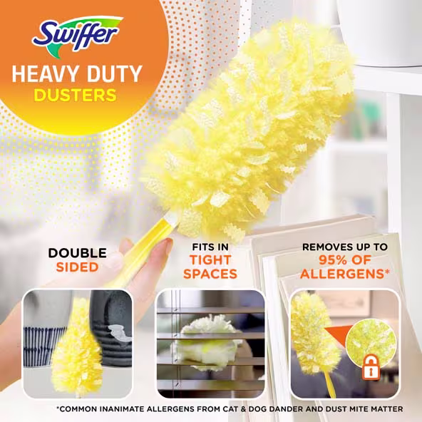 Swiffer Heavy Duty Duster in use, highlighting its double-sided design and ability to remove allergens from tight spaces