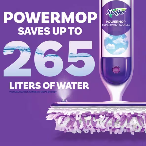 Swiffer Power Mop saves up to 265 liters of water annually compared to traditional mops and buckets