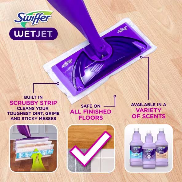 Swiffer WetJet cleaner with scrubby strip, safe for all floors, showing a variety of scents and cleaning capabilities