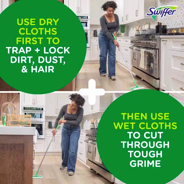 A person demonstrating Swiffer cleaning tips on a kitchen floor, using dry and wet cloths for effective cleaning