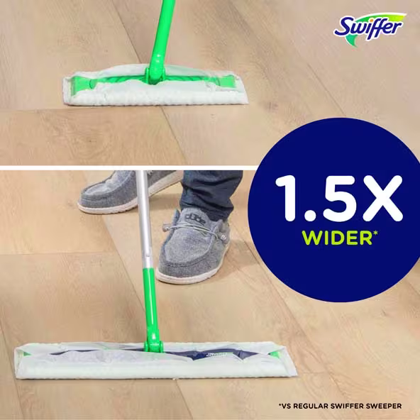 Swiffer mop with wider cleaning pad, shown in use on hardwood flooring, promoting efficient cleaning solutions