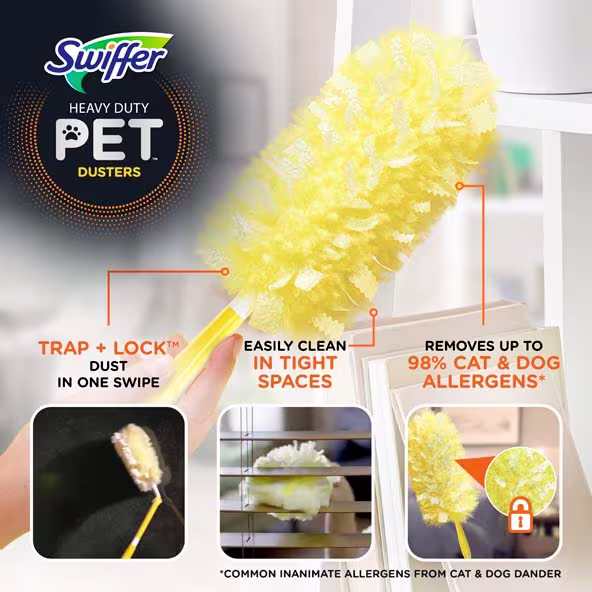 Swiffer Heavy Duty Pet Duster, designed to trap dust and allergens from pets in tight spaces efficiently