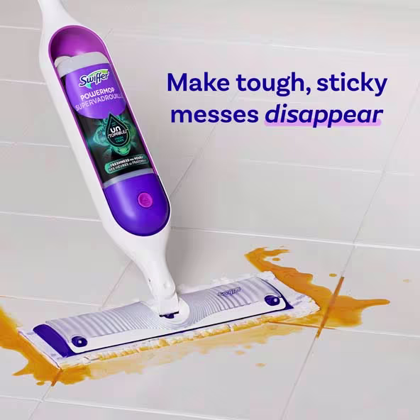 Swiffer Power Mop cleaning sticky messes on a tiled floor, promoting freshness and effortless cleaning
