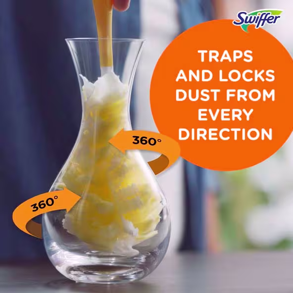 Swiffer trapping and locking dust from all directions, demonstrated with a clear visual of its effectiveness
