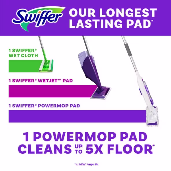 Swiffer cleaning products displayed; features Wet Cloth, WetJet Pad, and Powermop Pad for effective floor cleaning