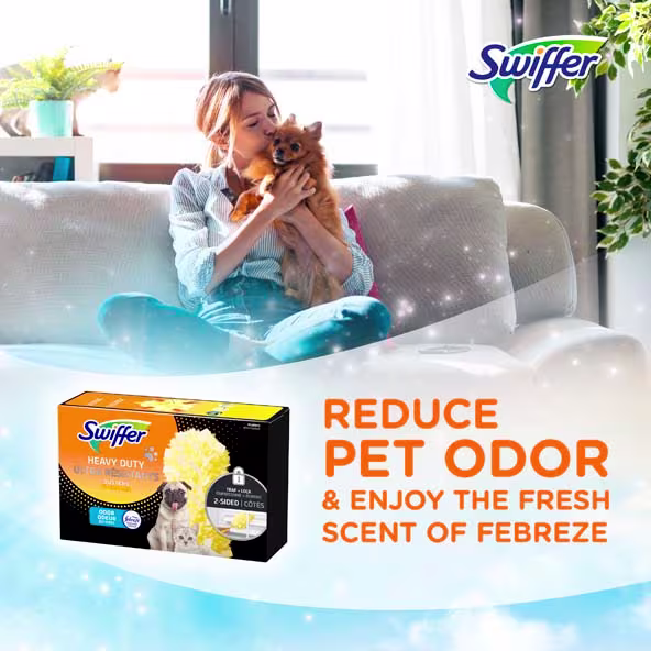 A woman kisses her small dog while relaxing on a couch, promoting Swiffer's pet odor removal products
