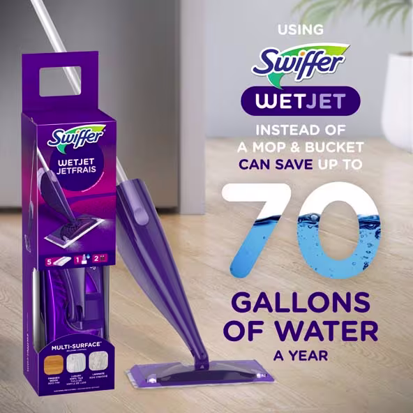 Swiffer WetJet promotes water conservation, saving up to 70 gallons annually compared to mops and buckets