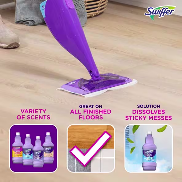 Swiffer mop on hardwood floor, highlighting cleaning solution benefits with variety of scents and uses - fresh