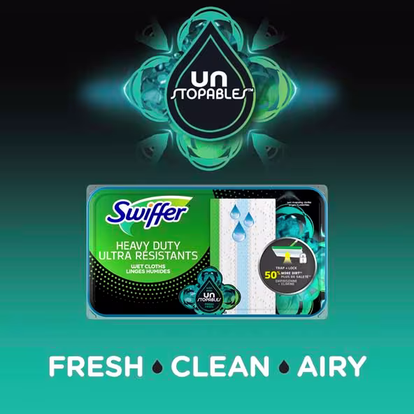 Packaging for Swiffer Heavy Duty Wet Cloths featuring Unstopables, emphasizing freshness and strong cleaning power