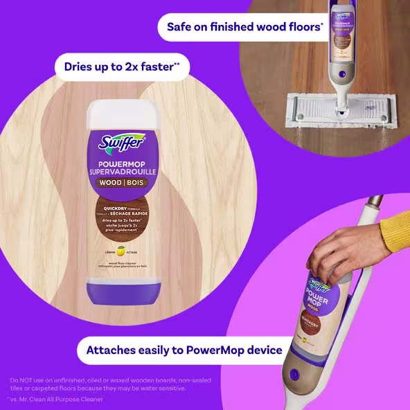 Swiffer Power Mop for wood floors, featuring QuickDry formula, lemon scent, designed for effective cleaning