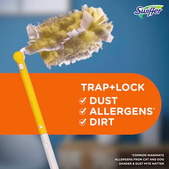 Swiffer Duster with yellow head, designed to trap dust, allergens, and dirt effectively. Ideal for cleaning