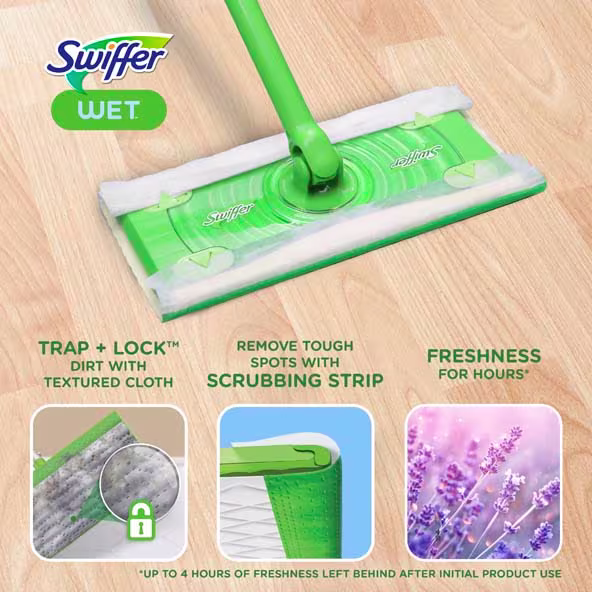 Swiffer Wet mop with textured cloth, designed to trap dirt and provide lasting freshness for effective cleaning