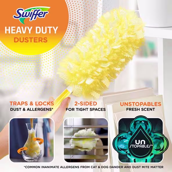 Swiffer Heavy Duty Dusters effectively remove allergens with a two-sided design for efficient cleaning in tight spaces