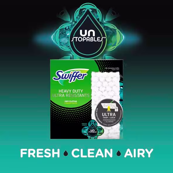 Swiffer Heavy Duty Dry Cloths with Unstoppables, promoting fresh, clean scents for effective cleaning