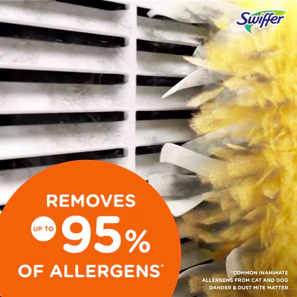 Swiffer duster cleaning a vent, effectively removing up to 95% of allergens like dust and pet dander