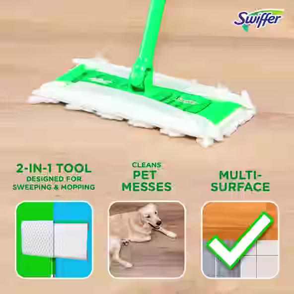 Swiffer's 2-in-1 Sweeper tool for sweeping and mopping effectively cleans pet messes on various surfaces