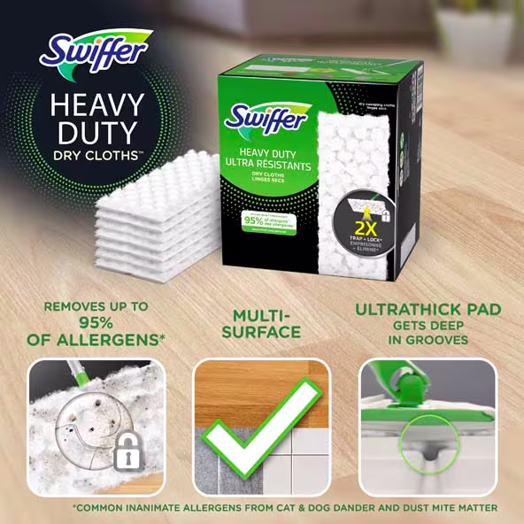 Swiffer Heavy Duty Dry Cloths pack, featuring allergen removal, multipurpose use, and ultrathick cleaning pads