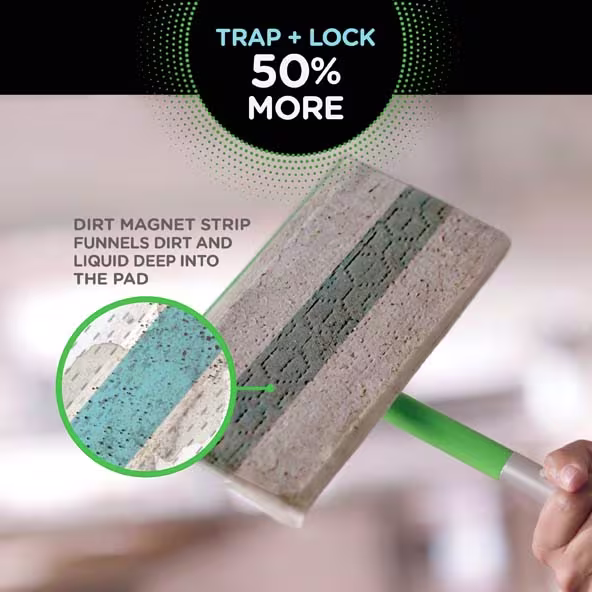 Close-up of a  Swiffer cleaning pad featuring a dirt magnet strip designed to trap and lock dirt and liquids effectively