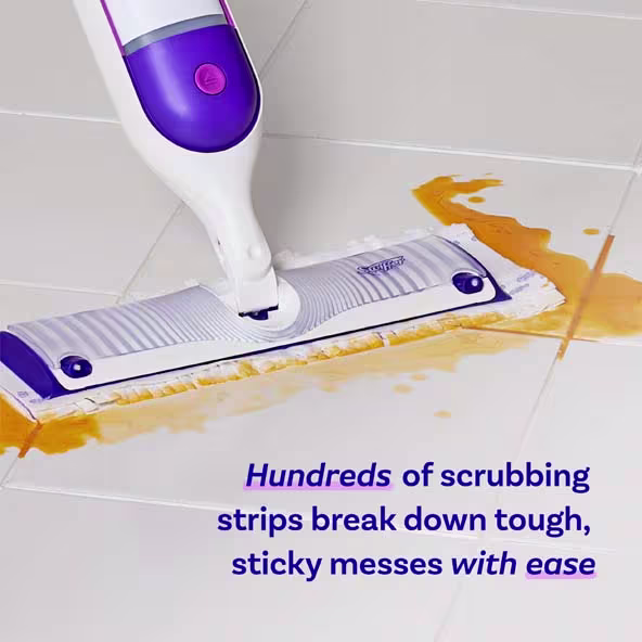 Swiffer PowerMop effortlessly removing sticky mess from tiled floor, demonstrating effective scrubbing power