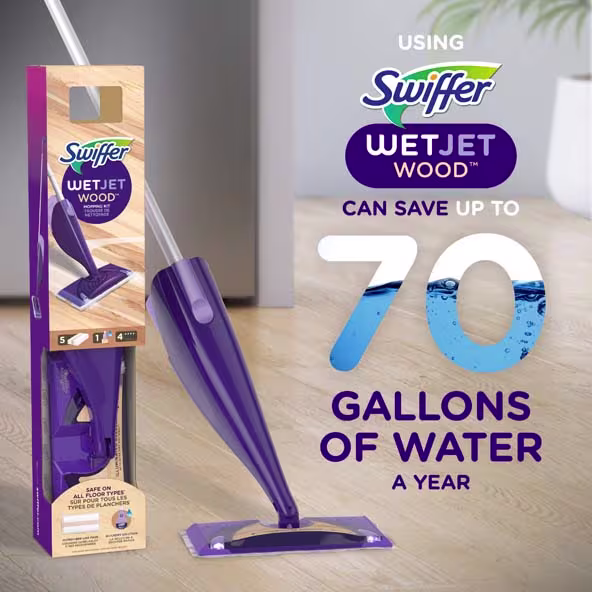 Swiffer WetJet Wood mop kit packaging, highlighting water-saving benefits of up to 70 gallons annually
