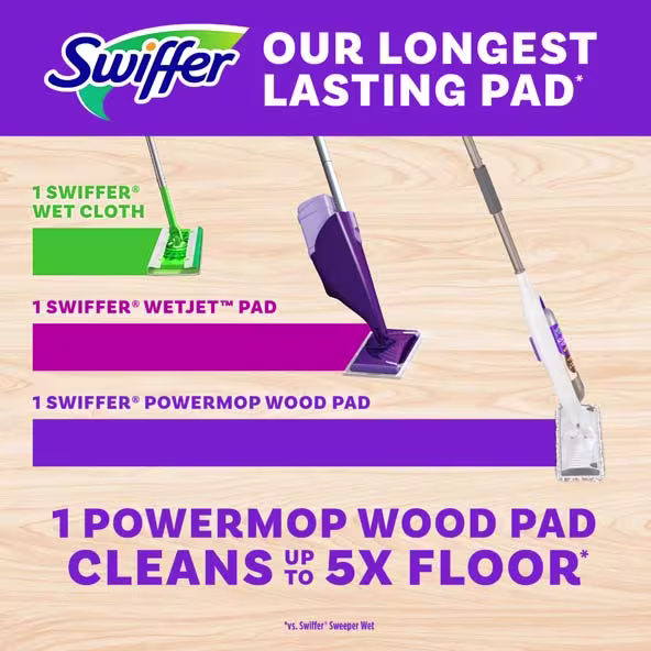 Swiffer product comparison showing Wet Cloth, WetJet Pad, and PowerMop Pad for optimal cleaning performance