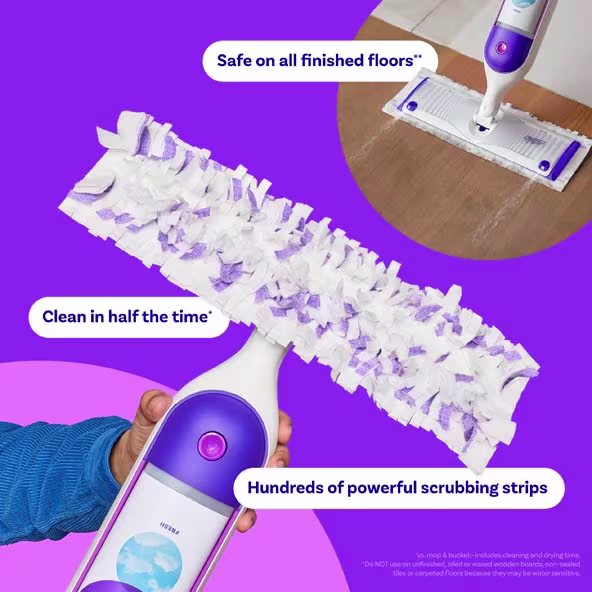 Swiffer PowerMop, showcasing its effective scrubbing strips for safe, efficient cleaning on all surfaces