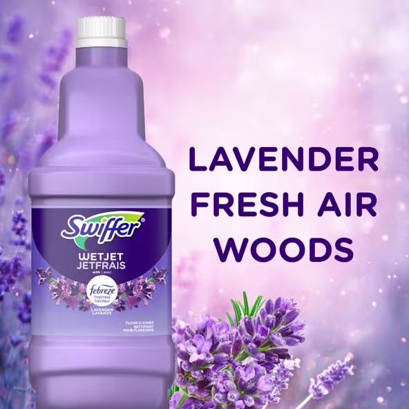 Swiffer WetJet floor cleaner bottle with "Lavender Fresh Air Woods" label against a bright, airy backdrop of lavender flowers.