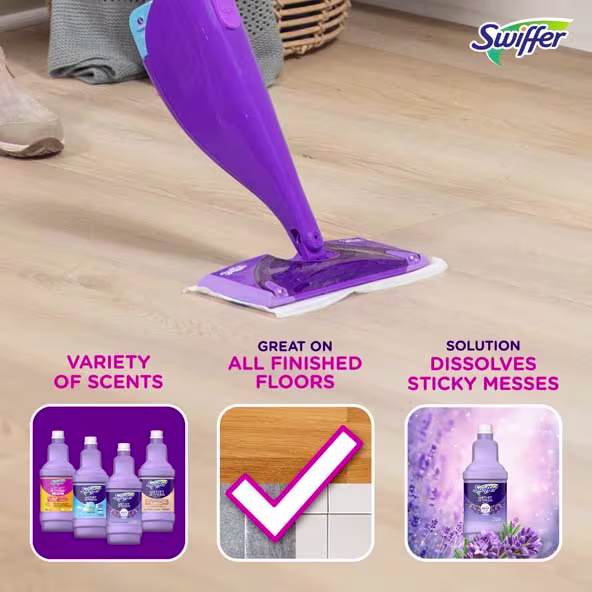 Swiffer mop on hardwood floor with text highlighting its variety of scents and effectiveness on all floor types - Lavender