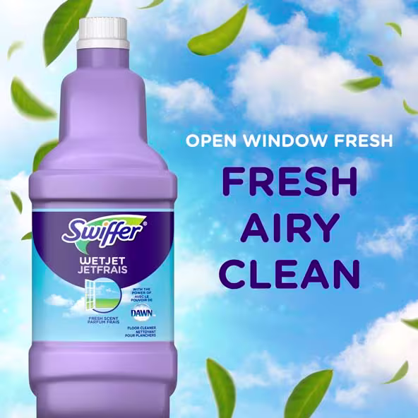 Swiffer WetJet floor cleaner bottle with "Open Window Fresh" label against a bright, airy backdrop of clouds and leaves