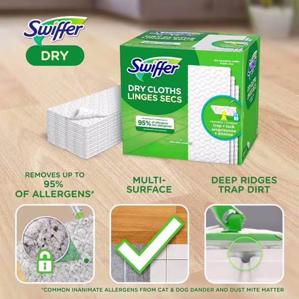 Swiffer Dry Cloths packaging, showcasing allergen removal, multi-surface use, and dirt trapping features