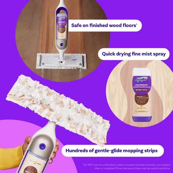 Swiffer Power Mop for wood floors, featuring quick-drying mist and gentle-glide mopping strips for effective cleaning