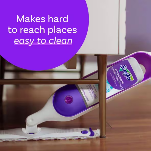 Swiffer Power Mop cleaning hard-to-reach areas under furniture with ease, promoting simple home cleaning solutions