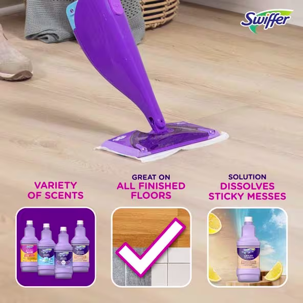Swiffer mop on floor with product highlights: scents, floor compatibility, and mess-dissolving solution features - Wood