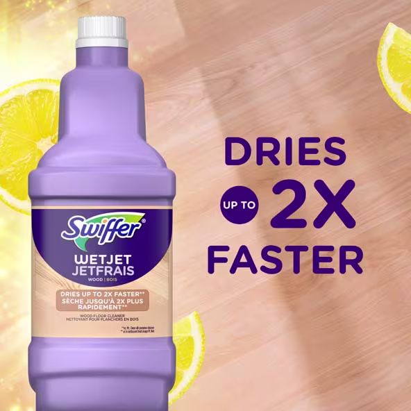 Swiffer WetJet Wood cleaner bottle with quick-dry formula and text stating it dries up to two times faster
