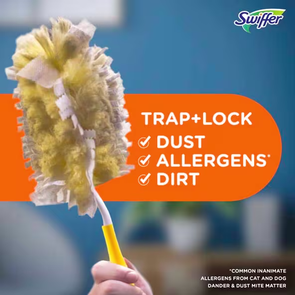 Swiffer duster with yellow head displaying its ability to trap dust, allergens, and dirt efficiently